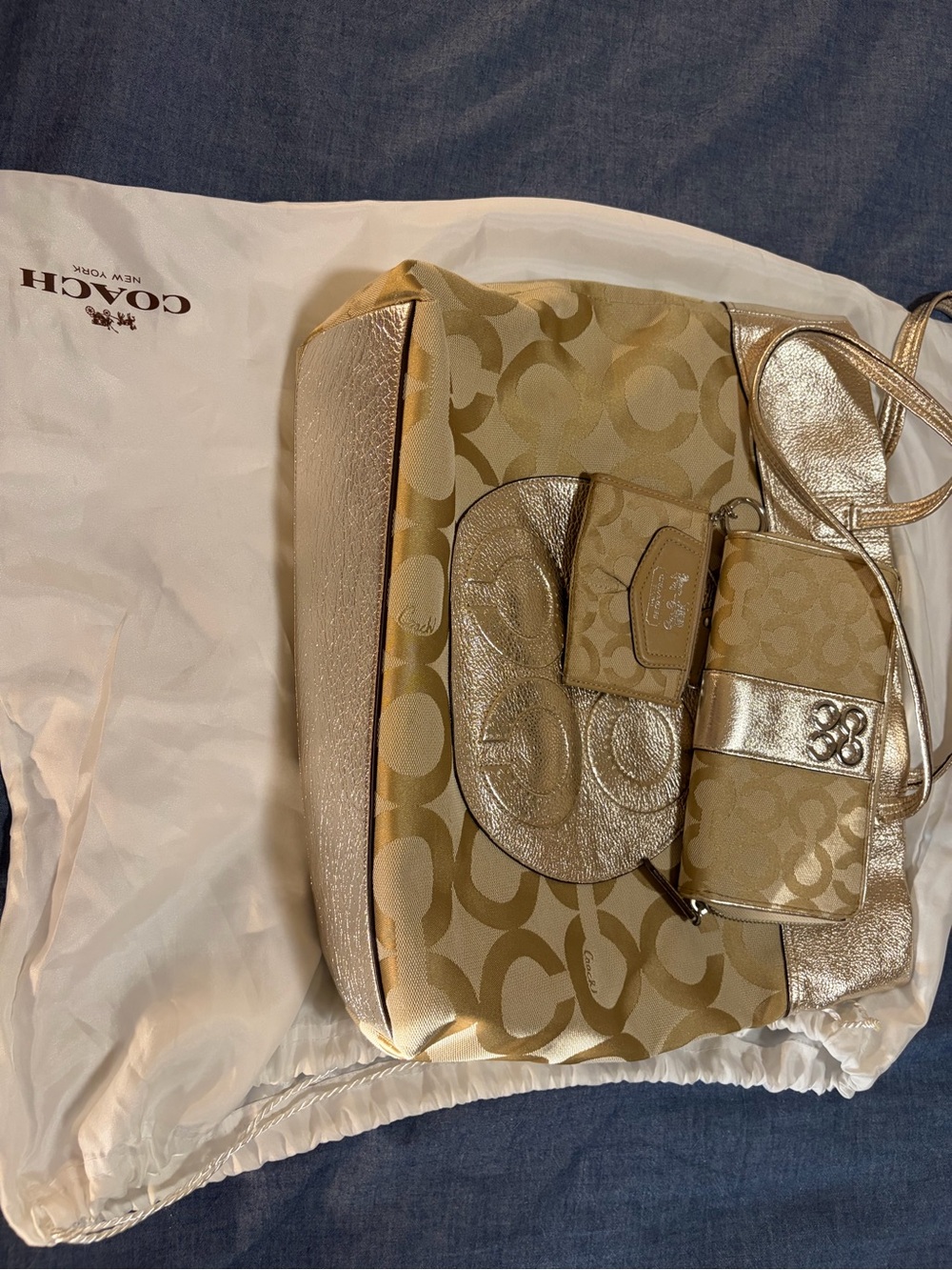 Coach Gold Signature Canvas Crossbody with Metallic Trim